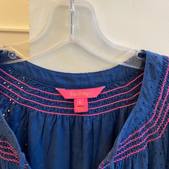 Lilly Pulitzer EUC Lucee Dress Oyster Bay Navy Bayside Eyelet Size L ($228 New) - Picture 10 of 16